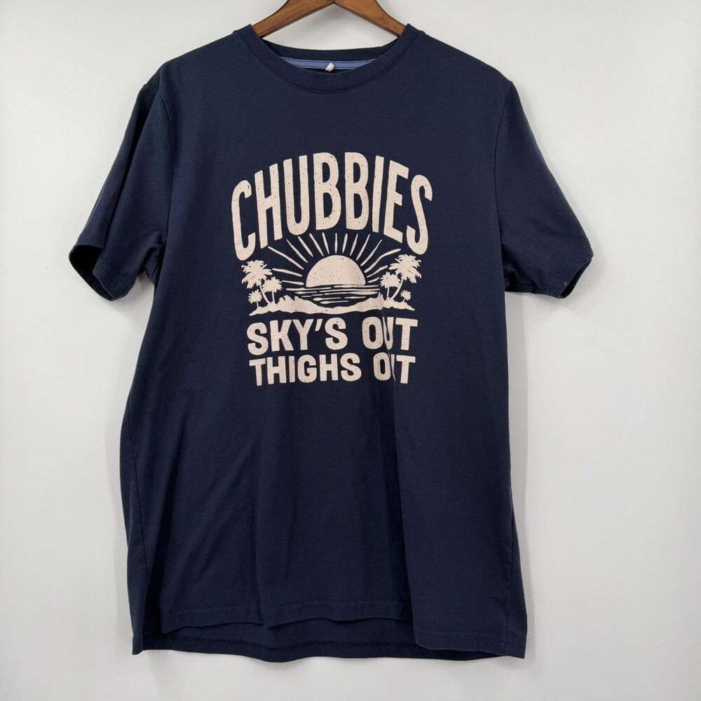 Chubbies The No Brainer T Shirt Mens L Navy Sky's Out Thighs Out Beach Graphic